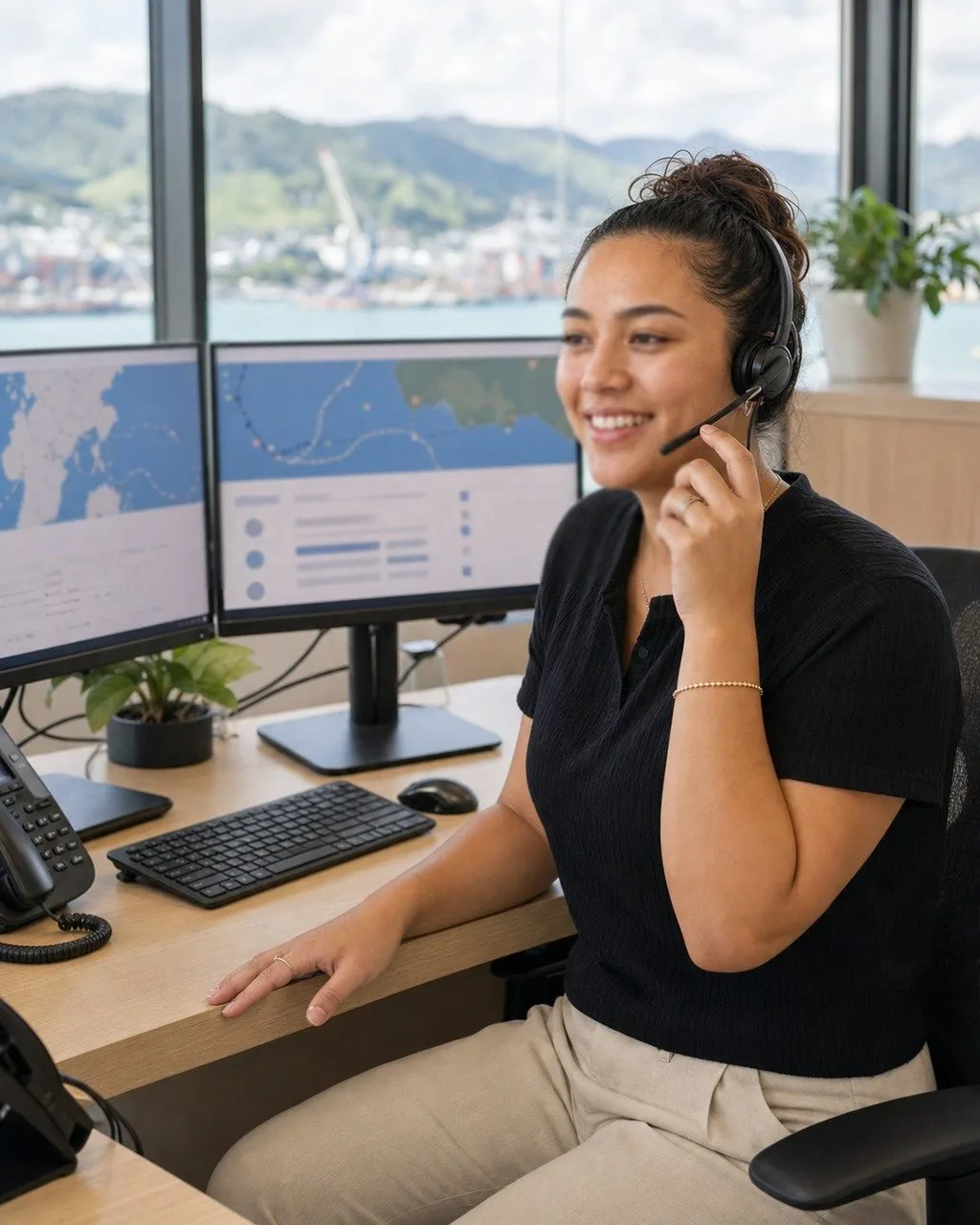 A friendly young New Zealand freight coordinator at a desk with two monitors showing shipment tracking, smiling on a phone headset, modern office