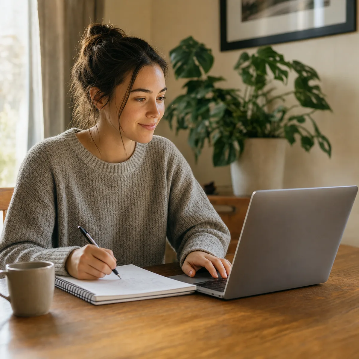 A young New Zealander learning on a laptop at home, course on screen, relaxed and focused, natural light