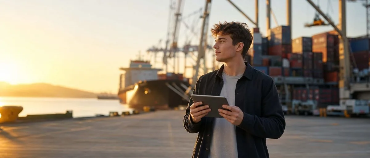 A young New Zealander in everyday workwear checking a tablet on a busy container port wharf at sunrise, ships and cranes behind